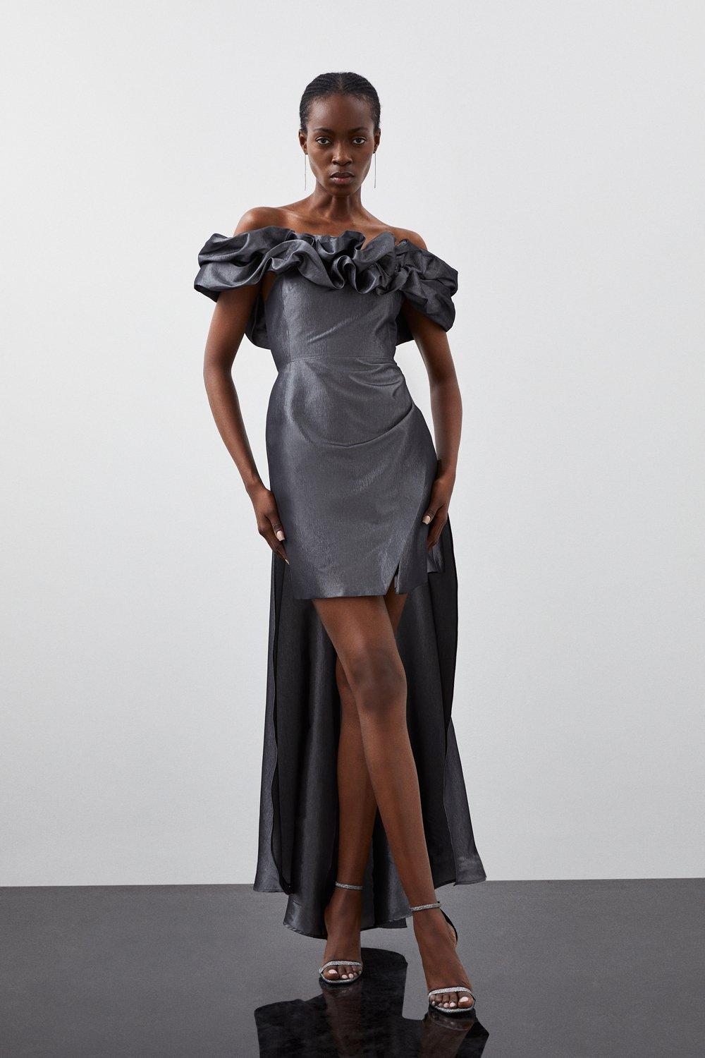 Мини-платье металлического цвета с открытыми плечами и высоким низким вырезом Karen Millen, серебро