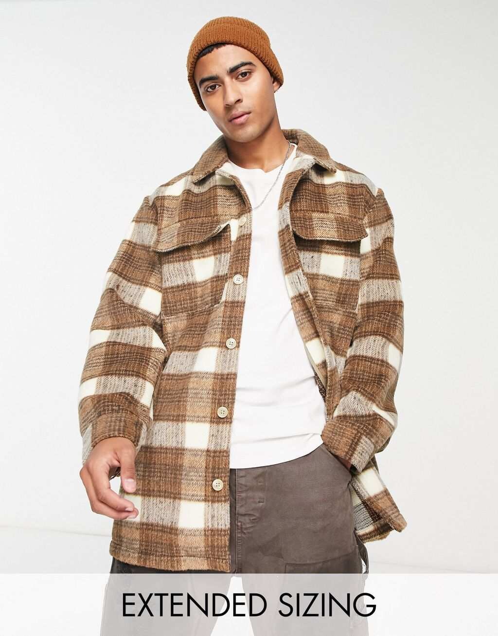 

Коричневая куртка в клетку из смесовой шерсти ASOS DESIGN, Коричневый