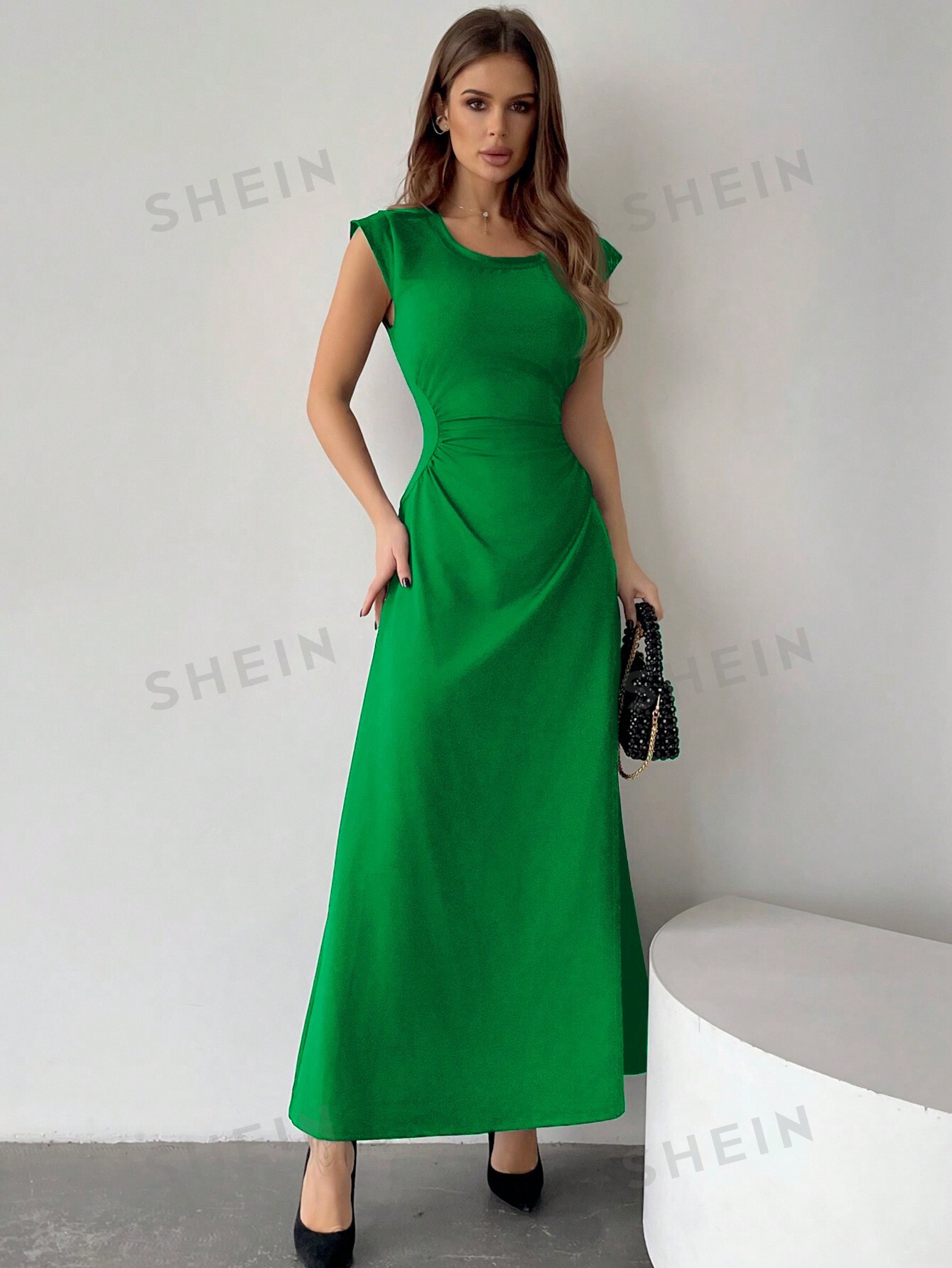SHEIN Privé Платье с плиссированной талией и трапециевидным подолом, зеленый