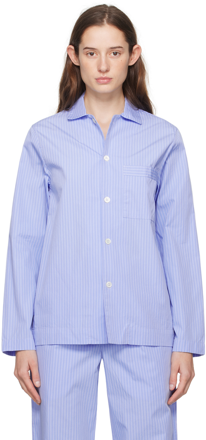 Синяя пижамная рубашка с длинным рукавом Tekla, цвет Pin stripes