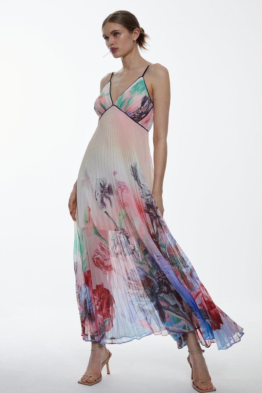 Плиссированное тканое платье макси с ремешками и цветочным принтом Karen Millen, мультиколор