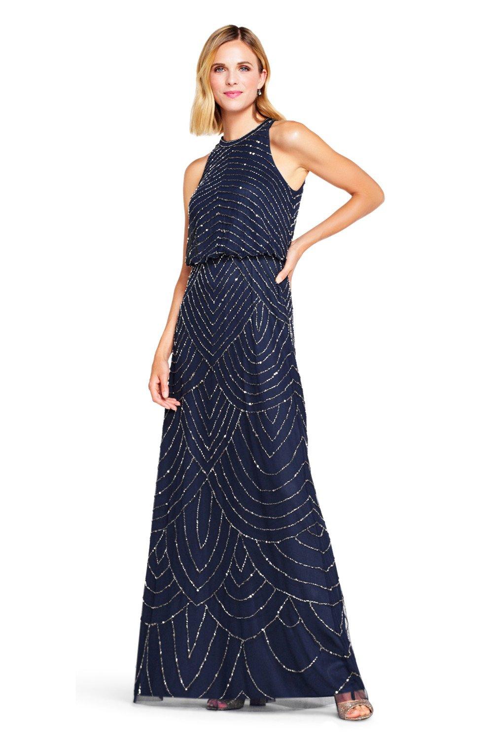 Платье с бретельками из бисера Adrianna Papell, темно-синий женское вечернее платье золотистое платье с длинным рукавом и круглым вырезом расшитое бисером 2021