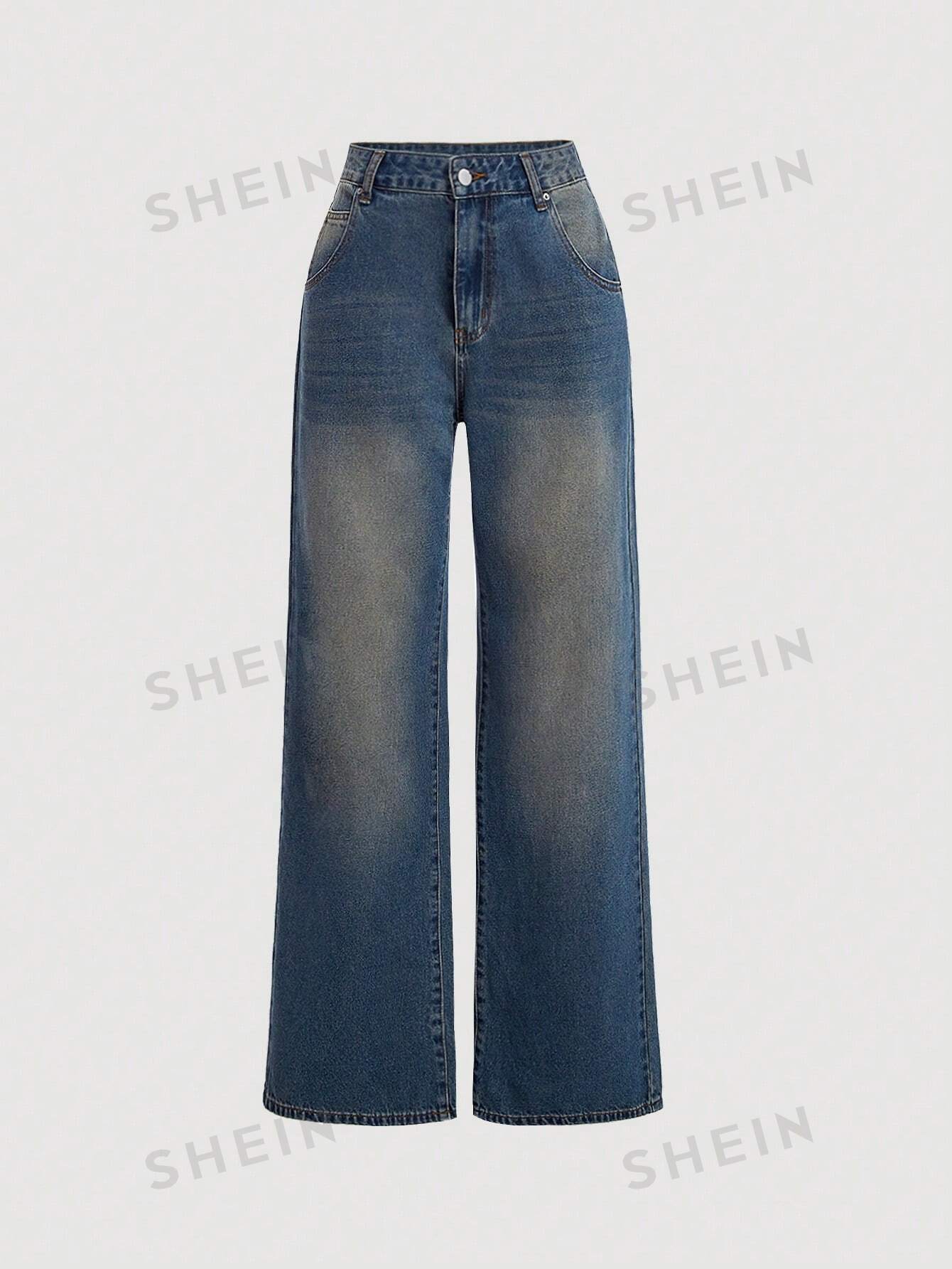 SHEIN MOD женские джинсы с карманами, темная стирка