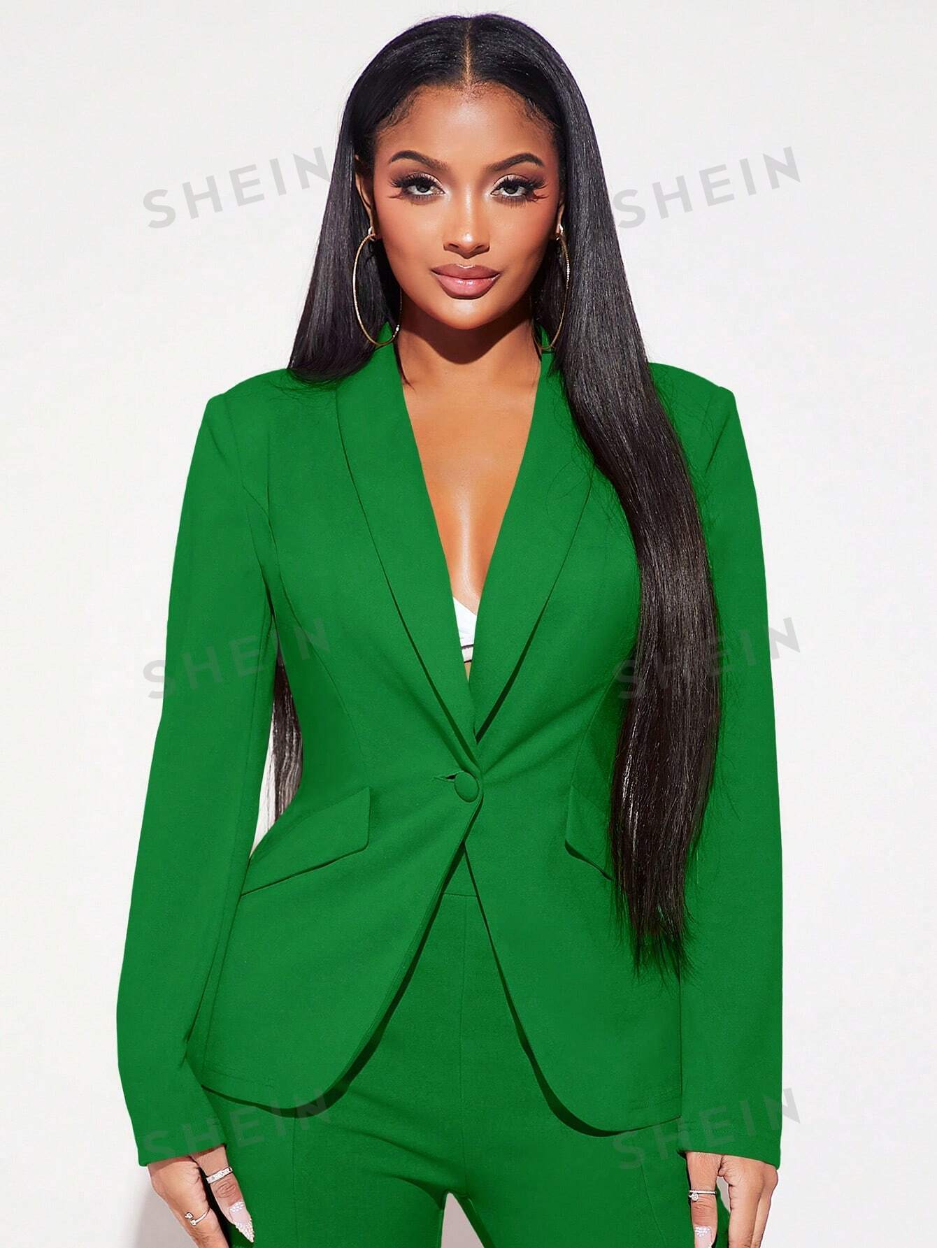 SHEIN SXY Женский однобортный пиджак с закругленным воротником, зеленый