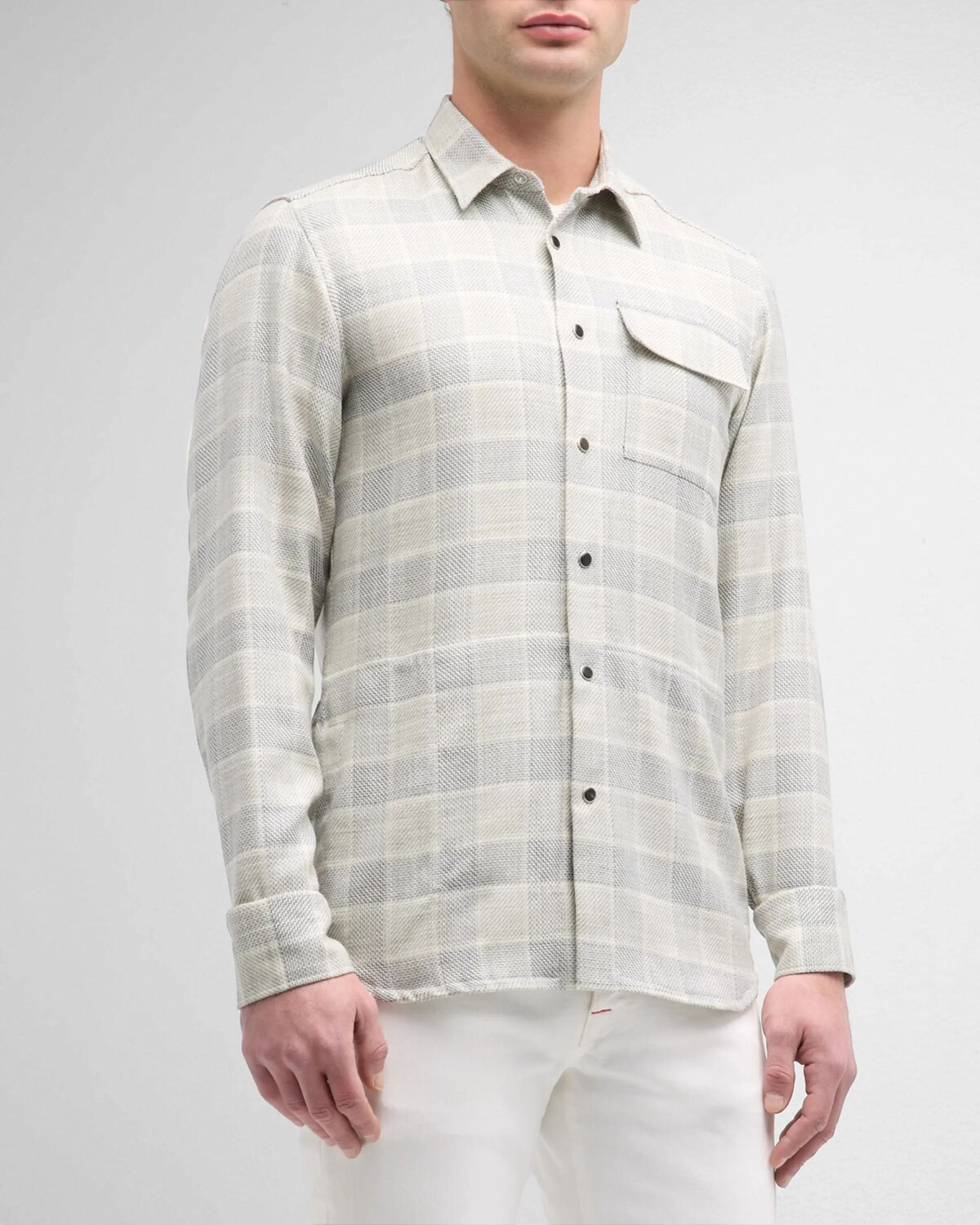 

Мужская клетчатая рубашка с застежкой спереди Kiton, цвет Light Gray