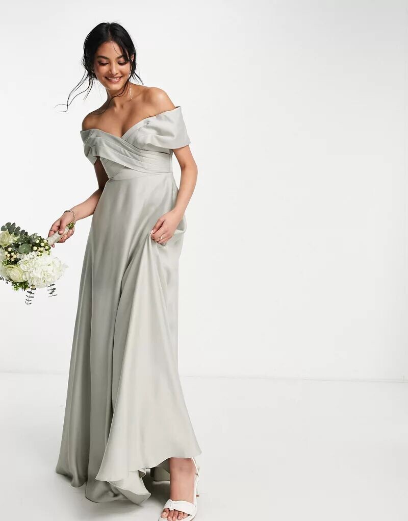 

Атласное платье макси с открытой юбкой и пышной юбкой ASOS Bridesmaid темно-зеленого цвета