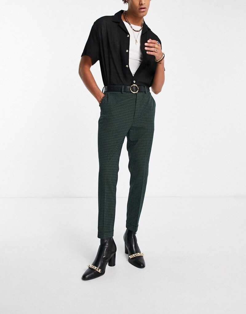 

Темно-синие зауженные брюки в микро клетку ASOS DESIGN