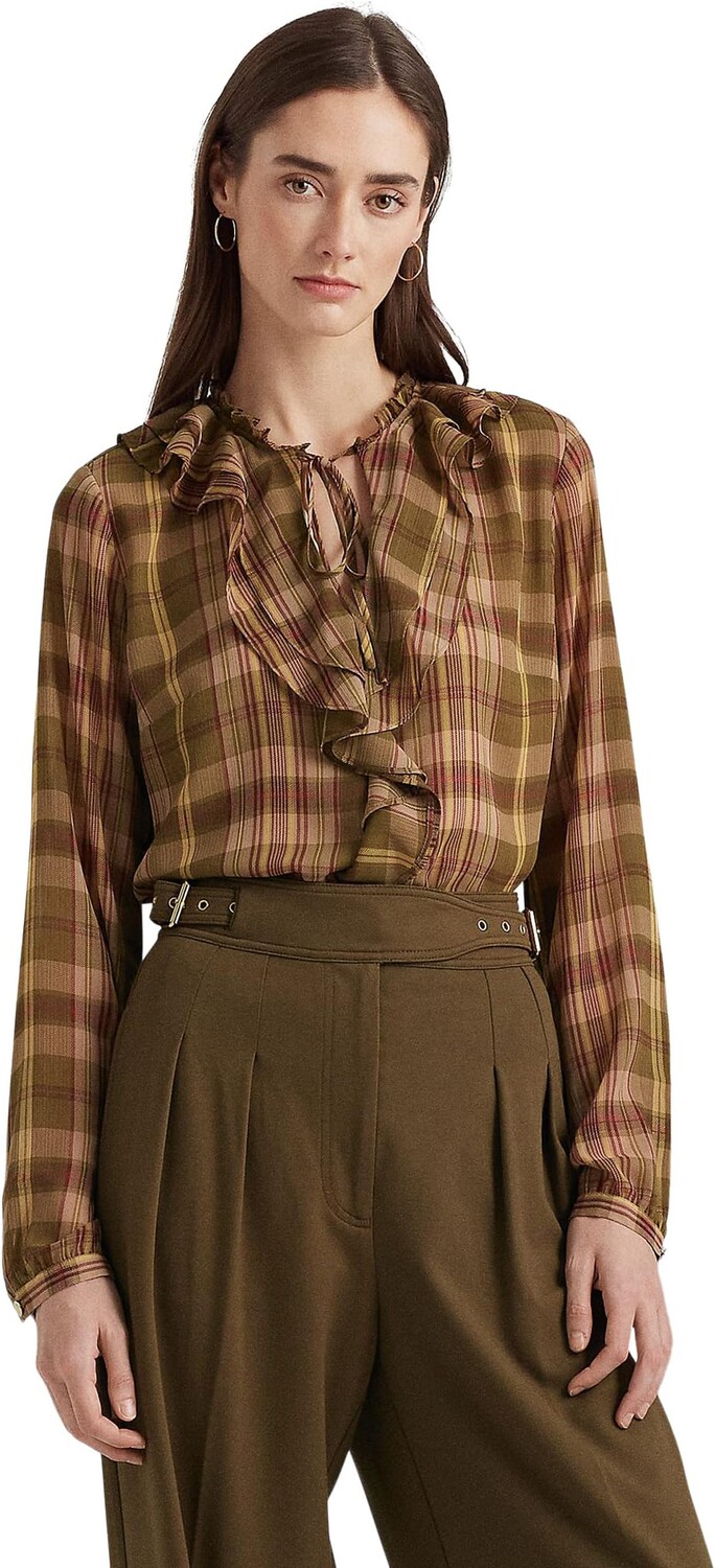 

Блуза из жоржета в клетку Petite с оборками и отделкой LAUREN Ralph Lauren, цвет Olive Multi
