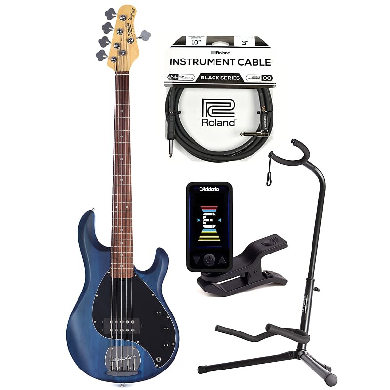 

Басс гитара Sterling by Music Man S.U.B. Series StingRay5 5-String Trans Blue Satin w/Guitar Stand, Tuner and 10' Cable Bundle