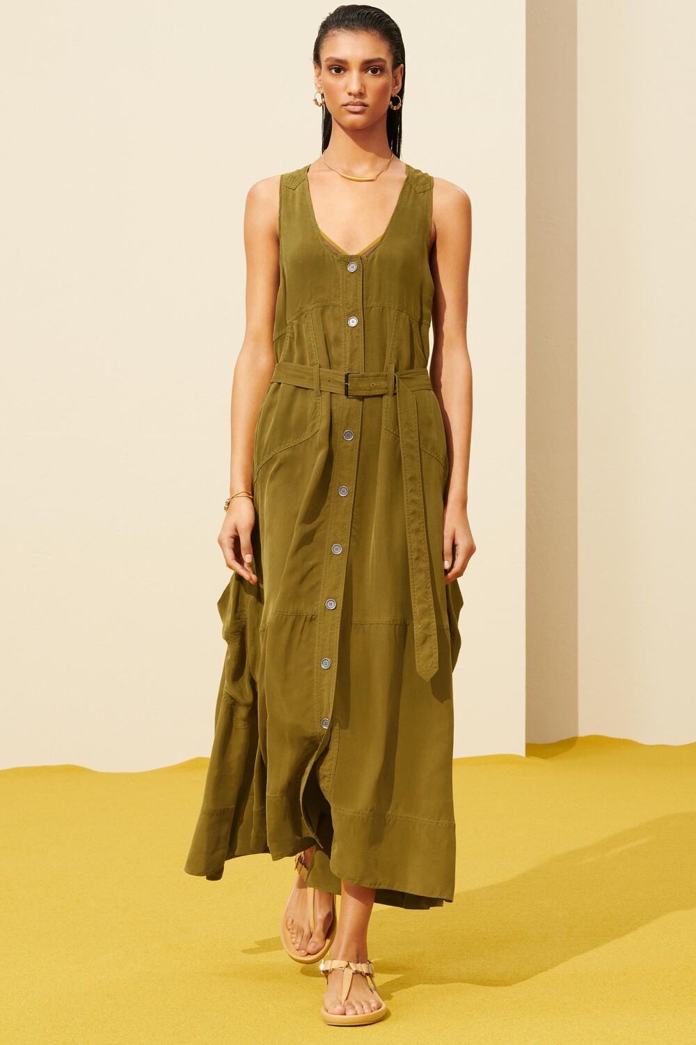 

Длинное струящееся платье без рукавов из 100% пряжи купро ZARA, хаки