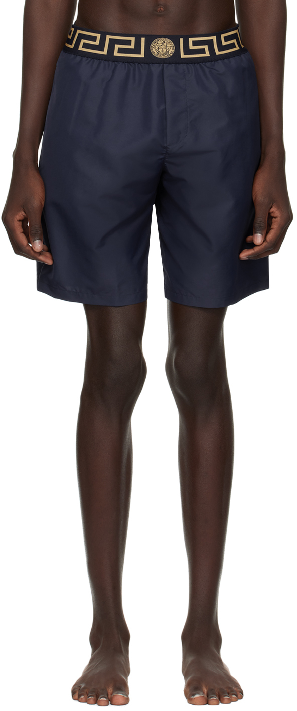 Темно-синие шорты для плавания с каймой Greca Versace Underwear шорты для плавания размер 64 синий