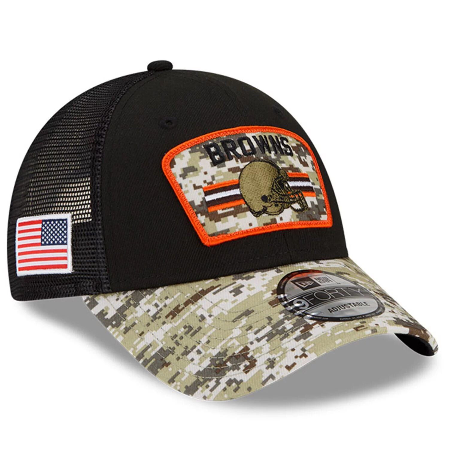 

Мужская регулируемая кепка New Era черного/камуфляжного цвета Cleveland Browns 2021 Salute To Service Trucker 9FORTY Snapback