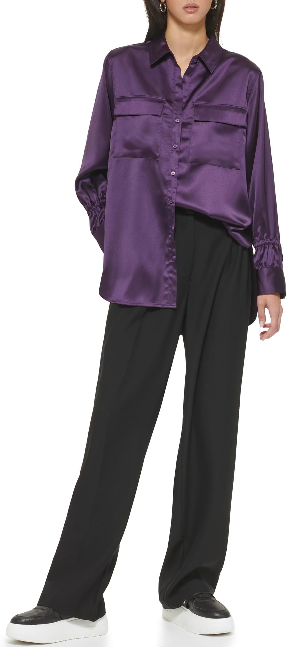 Блуза на пуговицах с длинными рукавами и двумя карманами спереди DKNY, цвет Blackberry