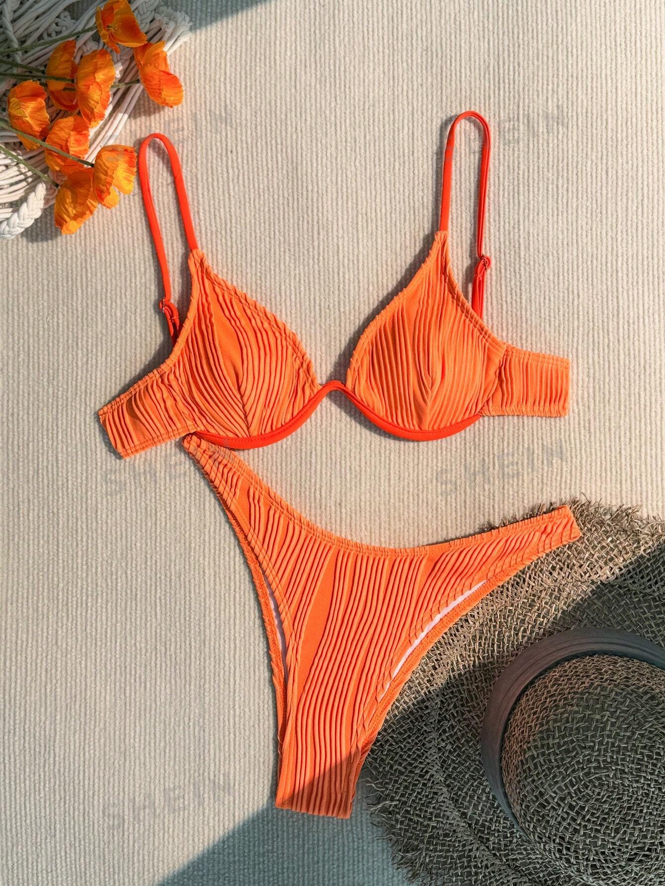 цена SHEIN Swim Basics Однотонный текстурированный раздельный купальник на косточках, жженый апельсин