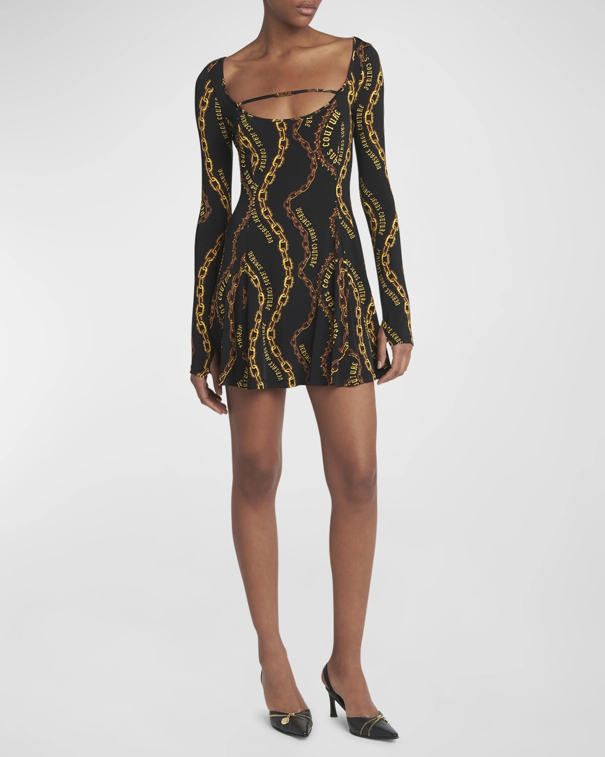 

Платье мини с длинными рукавами и цепочкой с логотипом Versace Jeans Couture, цвет Blackgold