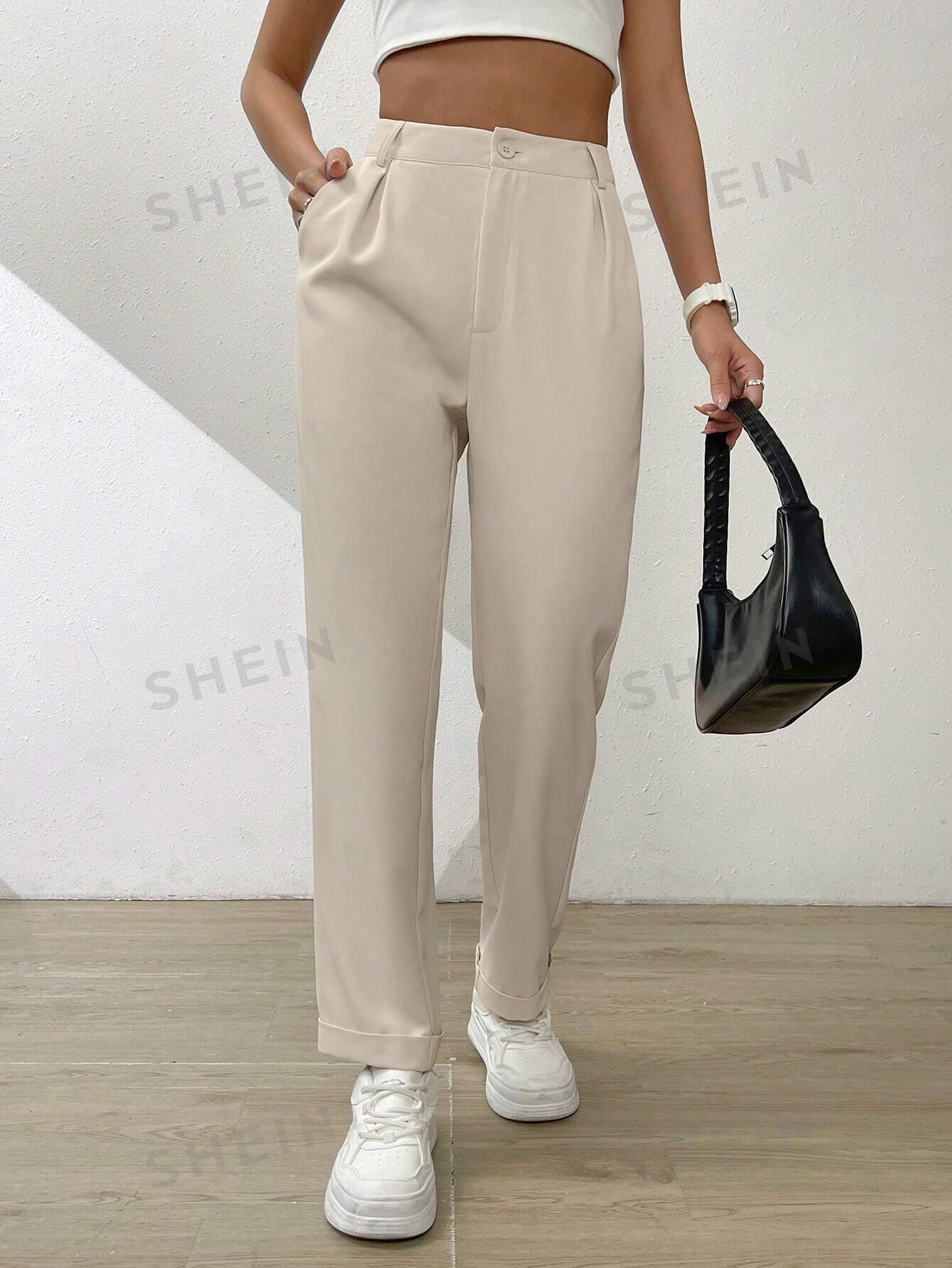 shein essnce однотонные широкие брюки со складками и наклонными карманами коричневый SHEIN Essnce Однотонные широкие брюки со складками и наклонными карманами, абрикос