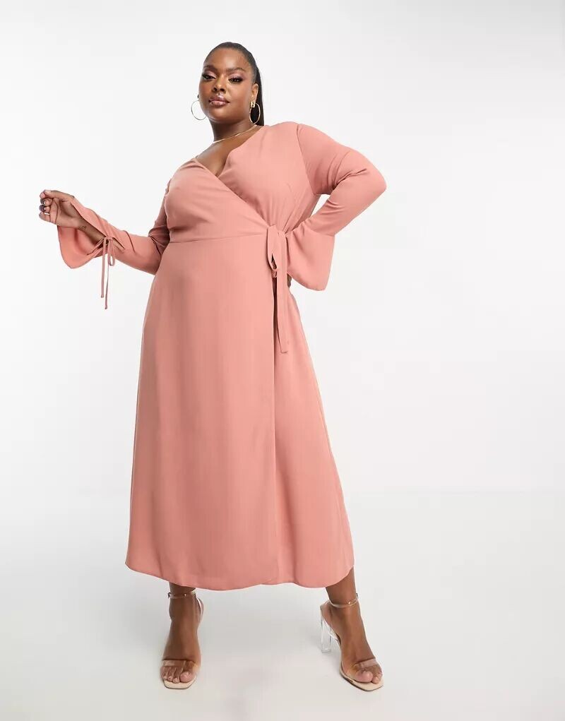 

Терракотовое платье миди с запахом и завязками на манжетах ASOS DESIGN Curve