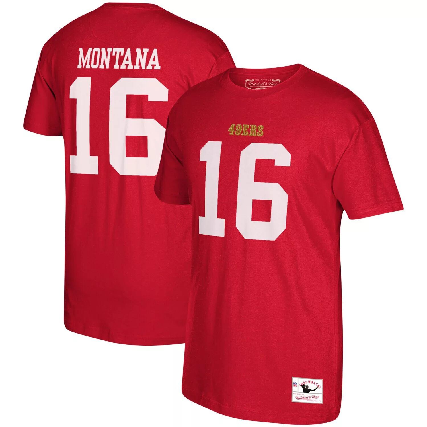 

Мужская футболка Mitchell & Ness Joe Montana Scarlet San Francisco 49ers с логотипом игрока в отставке, именем и номером