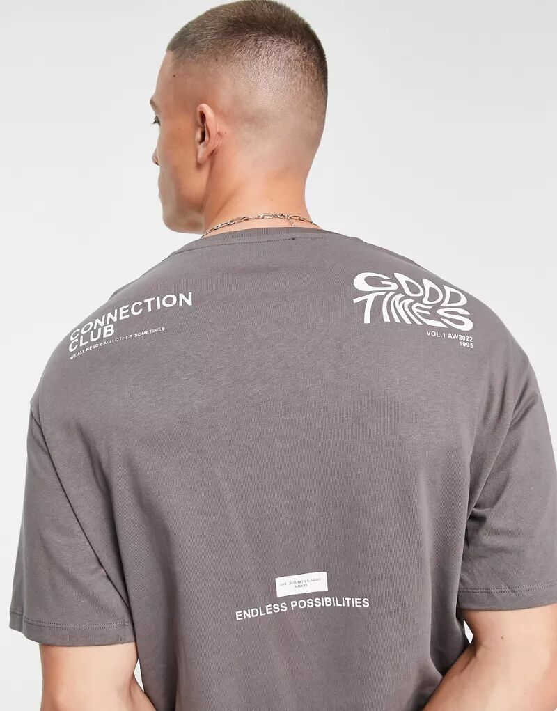 Серая футболка оверсайз с принтом на спине Selected Homme Connection
