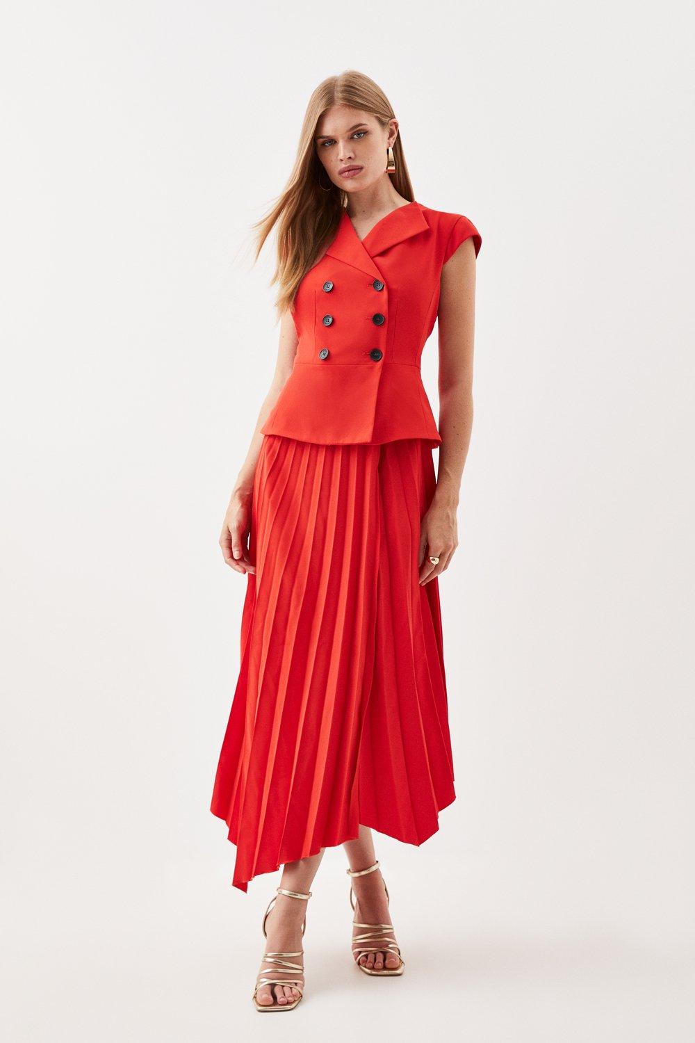 Асимметричное плиссированное платье миди чистого кроя с короткими рукавами и поясом Karen Millen, красный цена и фото