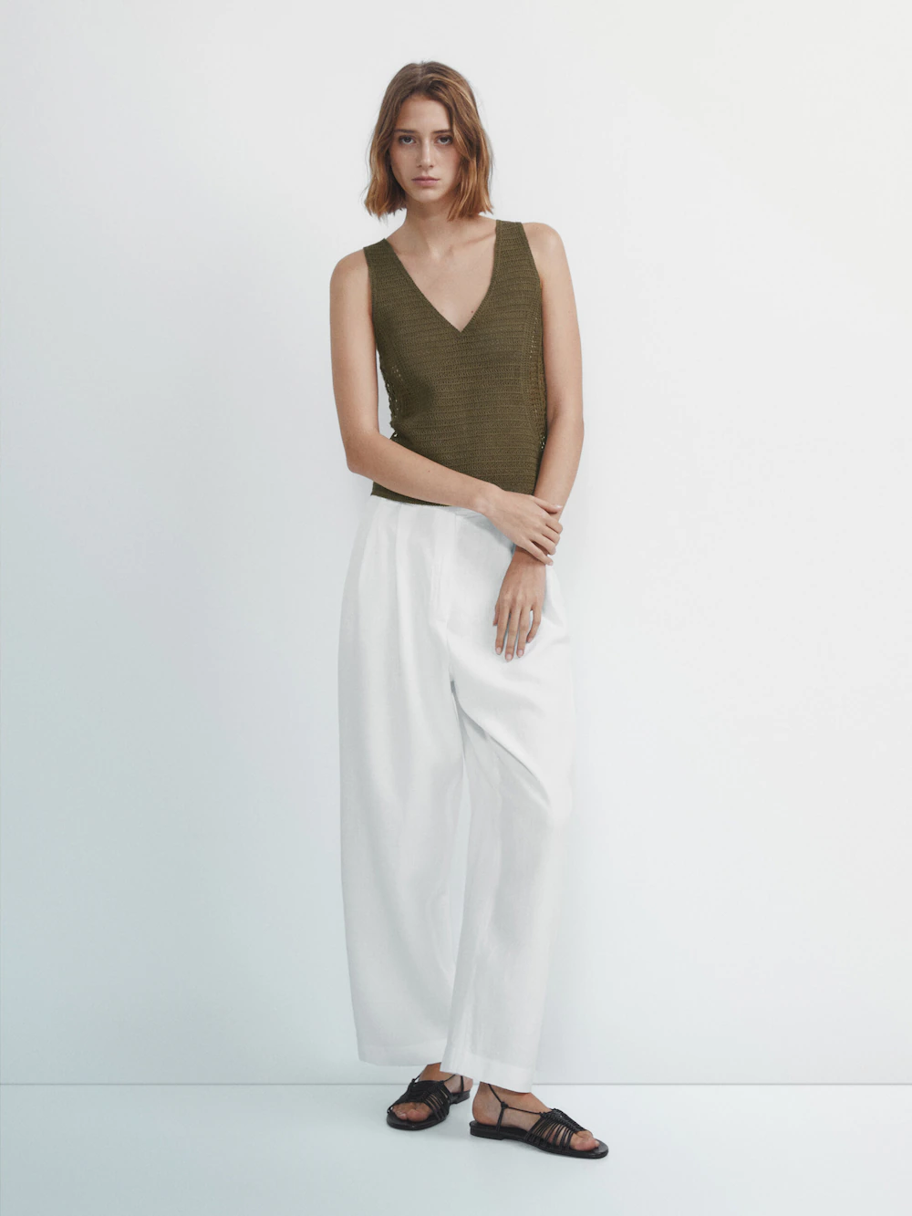 

Брюки из смешанных льна и хлопка с двумя вытяжками Massimo Dutti, кремовый, Бежевый