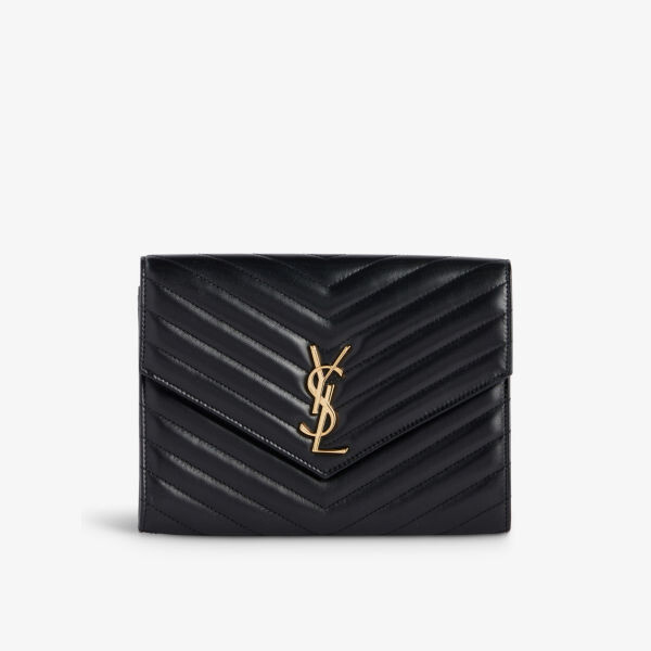 

Стеганый кожаный клатч с фирменной бляшкой Saint Laurent, черный
