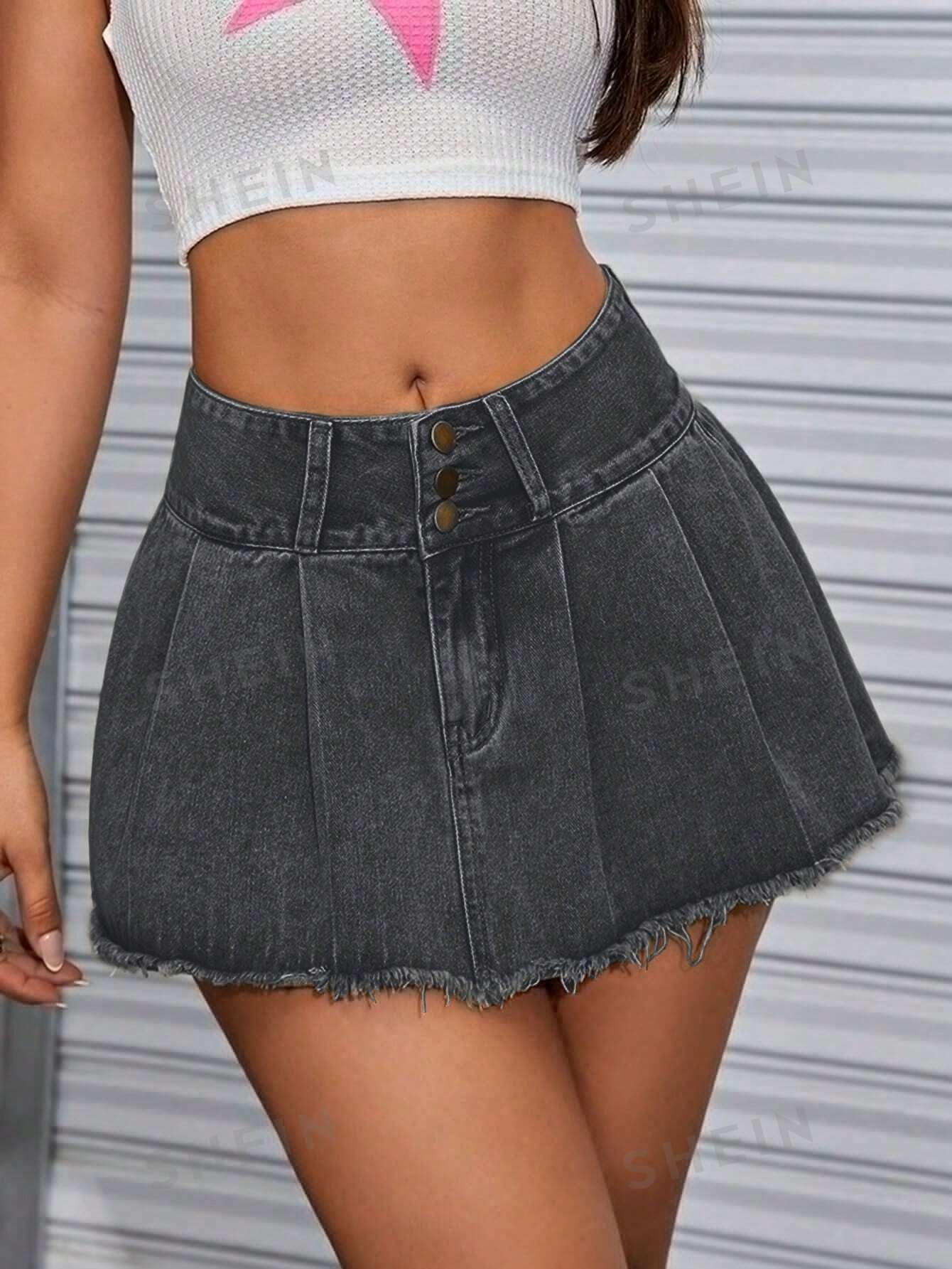 цена SHEIN ICON Coolmax Женская джинсовая юбка со складками, темно-серый