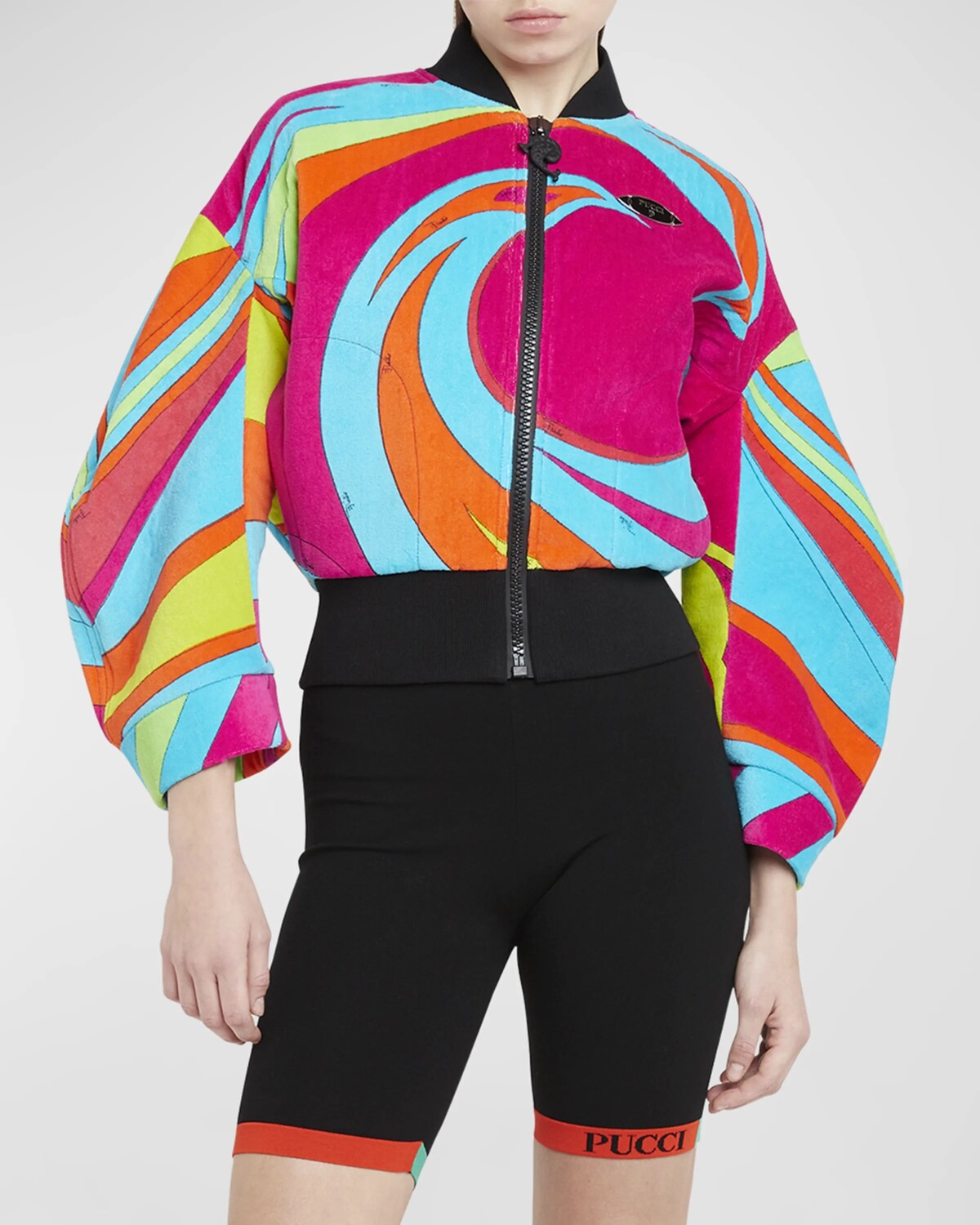 

Велюровый бомбер с принтом Swirl Emilio Pucci, цвет Fuxia/Arancio