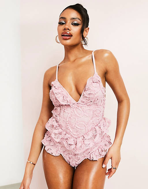 

Розовый купальник с 3D цветочными рюшами и рюшами ASOS LUXE