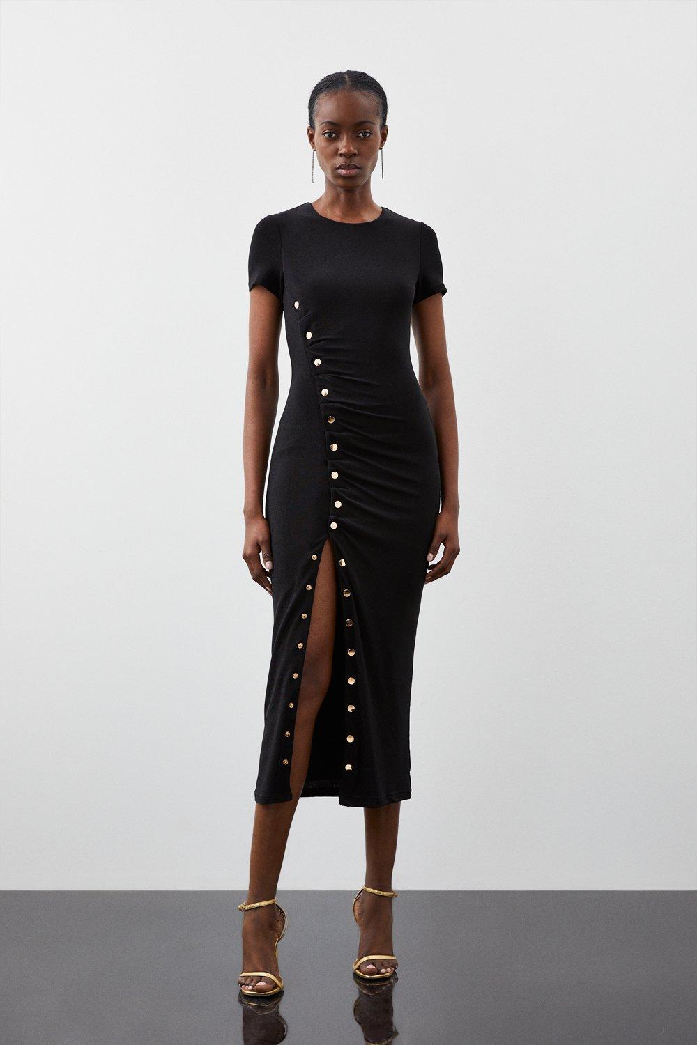 цена Платье-миди из джерси металлизированного цвета с фурнитурой Karen Millen, черный