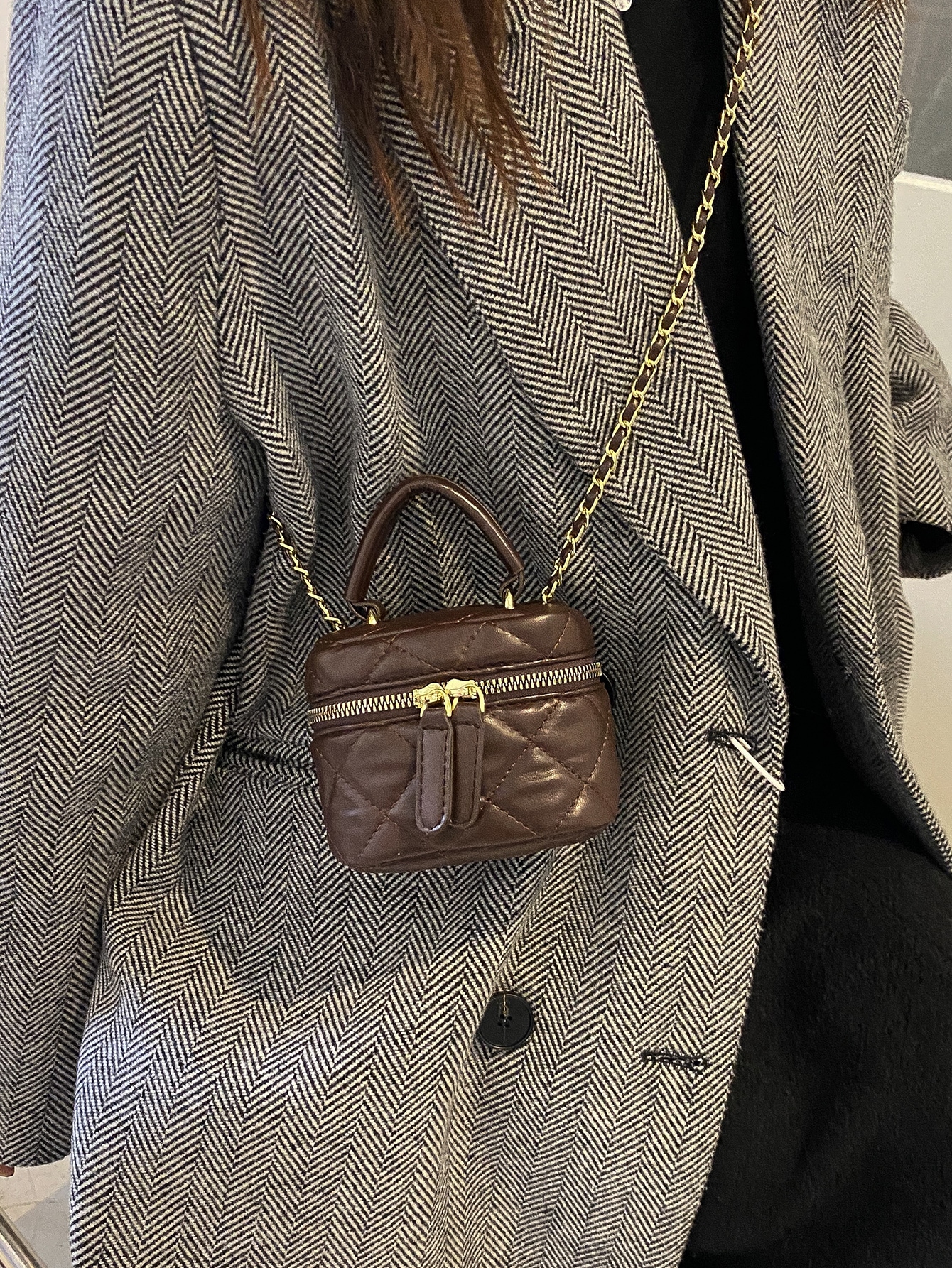 Модная стеганая мини-сумка-ведро с цепочкой, кофейный коричневый