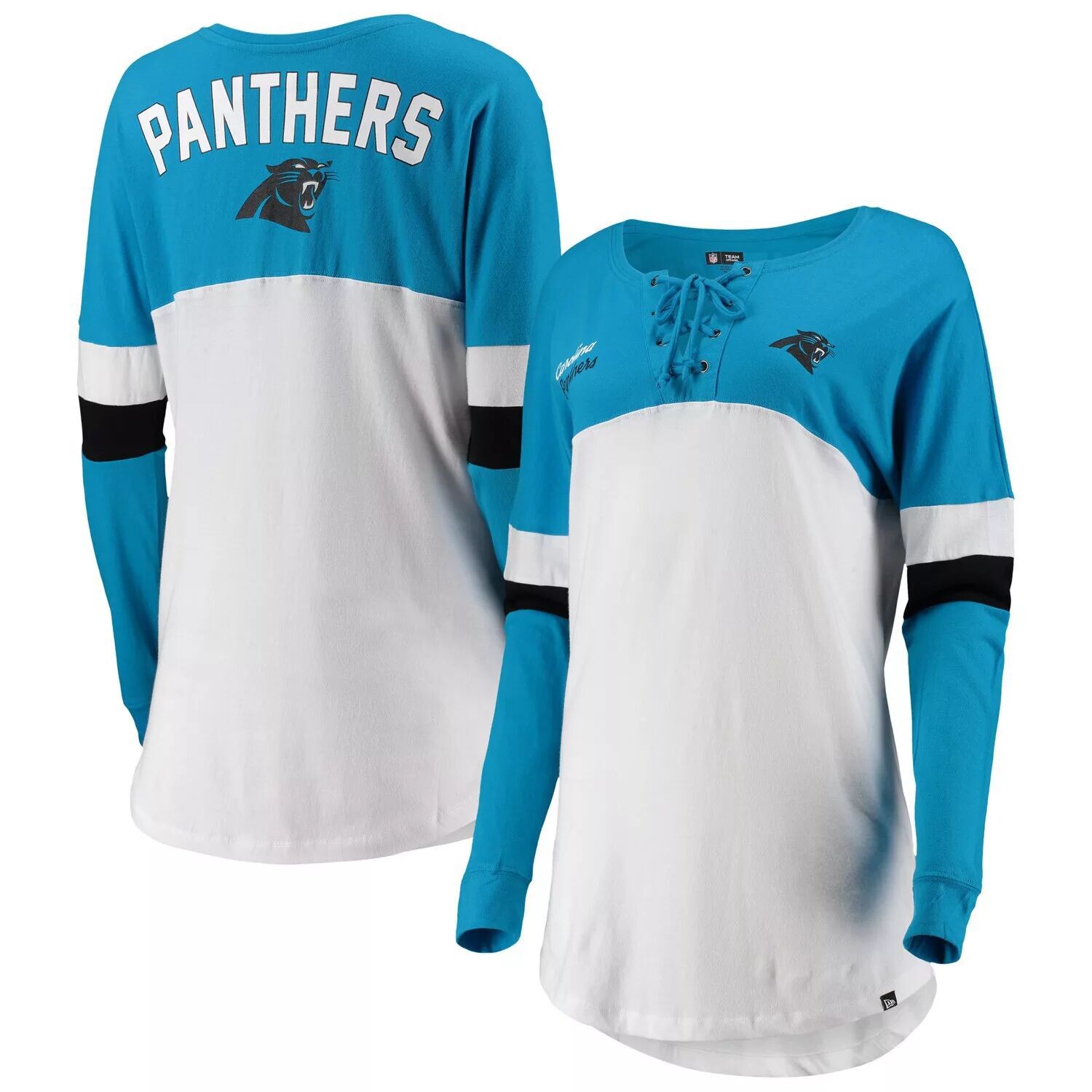 

Женская белая/синяя футболка New Era Carolina Panthers Athletic Varsity на шнуровке с v-образным вырезом и длинными рукавами New Era