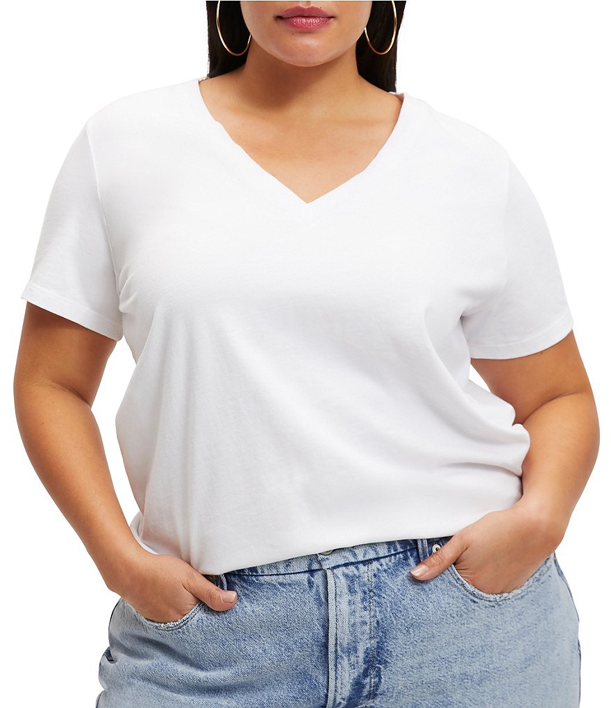 Трикотажная футболка свободного покроя с короткими рукавами и V-образным вырезом Good American Plus Size, белый
