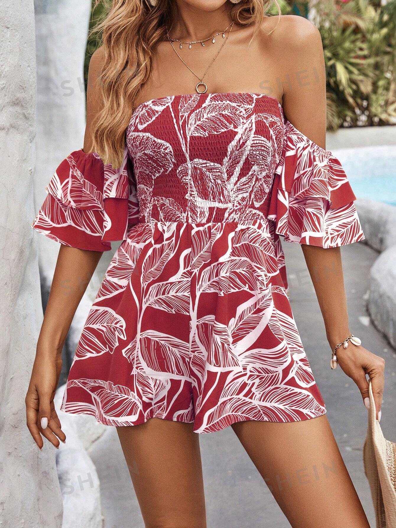 SHEIN VCAY Женский комбинезон с открытыми плечами и присборенным лифом с растительным принтом, красный цена и фото