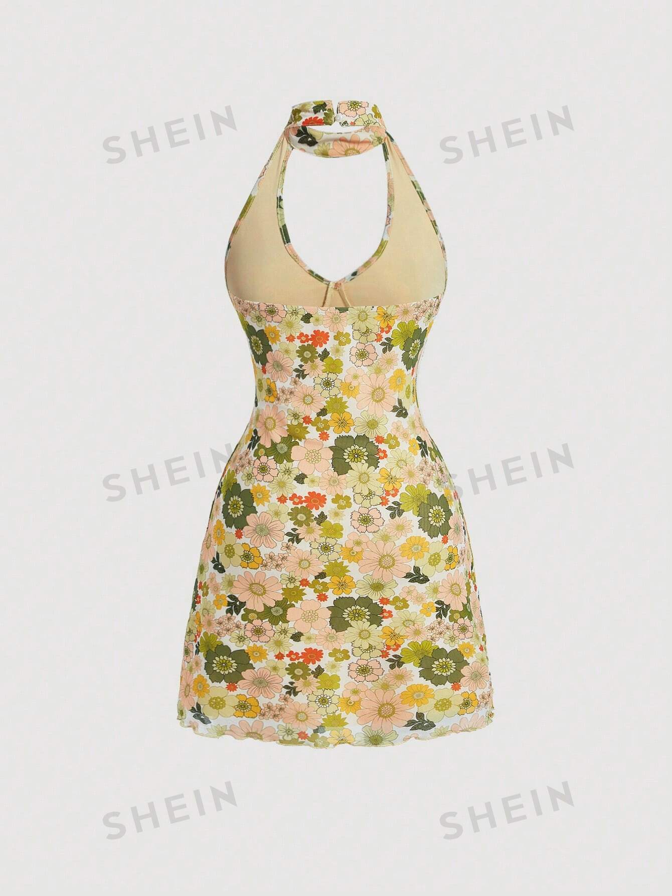 цена SHEIN MOD вязаное женское платье с воротником на шее с цветочным принтом, зеленый