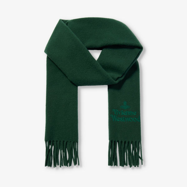 Шерстяной шарф с фирменной вышивкой и бахромой Vivienne Westwood, зеленый