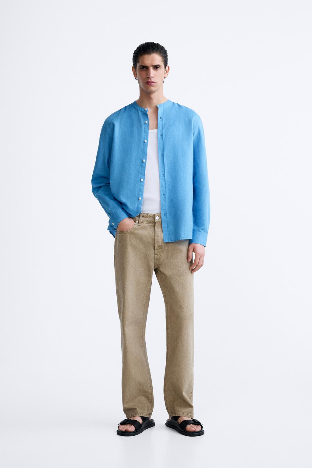 Хлопок - льняная рубашка ZARA, голубоватый цена и фото