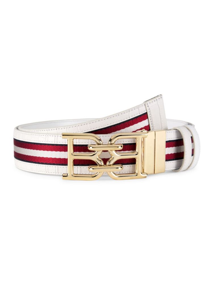 

Двусторонний кожаный ремень с тиснением под крокодила и логотипом Bally, цвет White Red Black