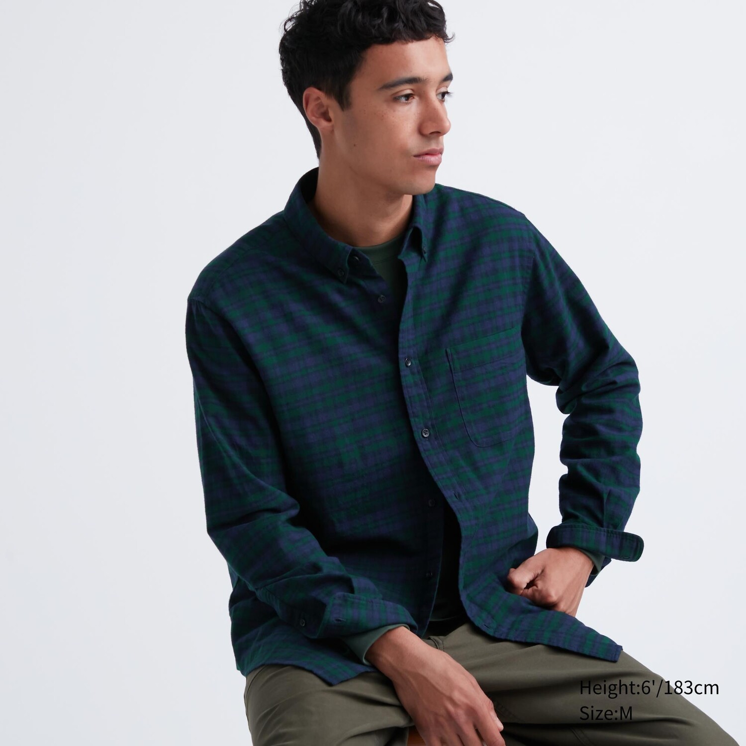 

Фланелевая рубашка стандартного кроя в клетку (воротник на пуговицах) Uniqlo, темно-зеленый