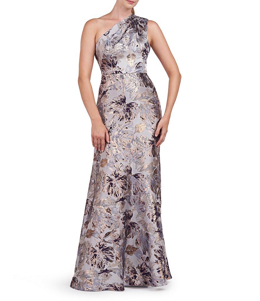 Жаккардовое платье без рукавов цвета металлик Kay Unger на одно плечо, синий