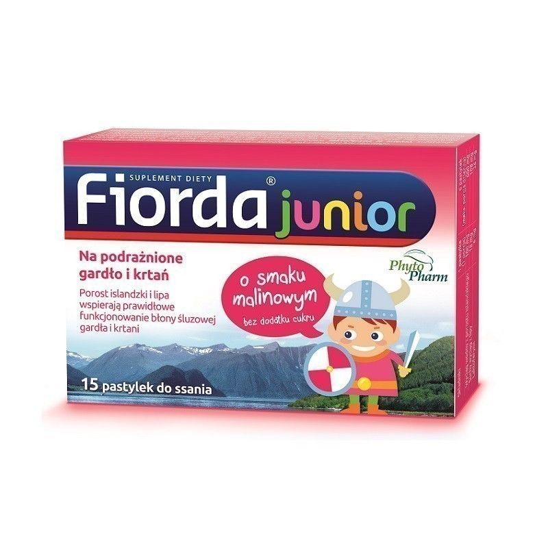 Fiorda Junior o Smaku Malinowym Pastylkiтаблетки для защиты горла, 15 шт.