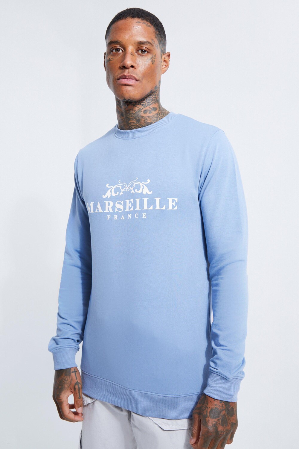 

Свитшот с принтом muscle fit marseille Boohoo, синий