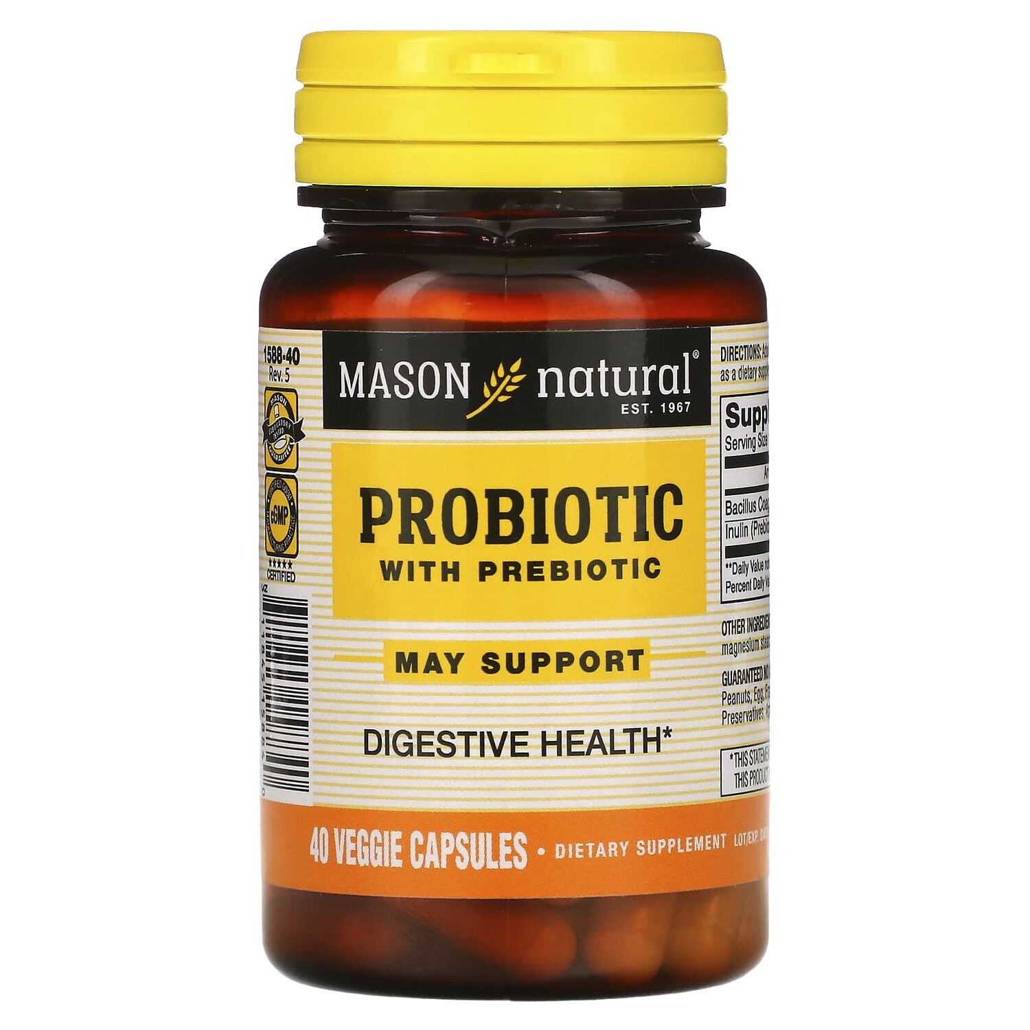 

Пробиотик с пребиотиком, 40 вегетарианских капсул, Mason Natural