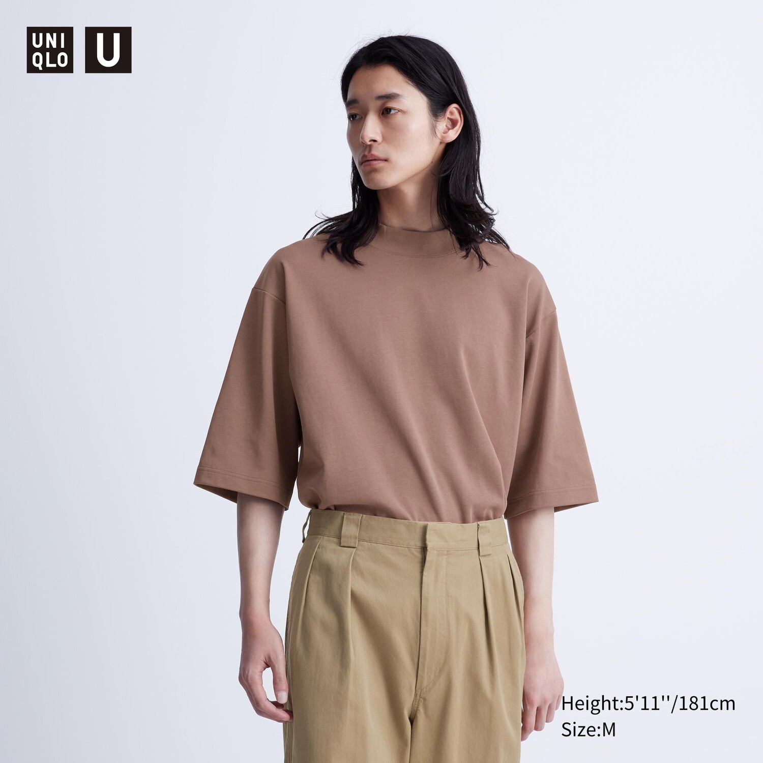 

Футболка из хлопка с вырезом-стойкой airism UNIQLO, коричневый
