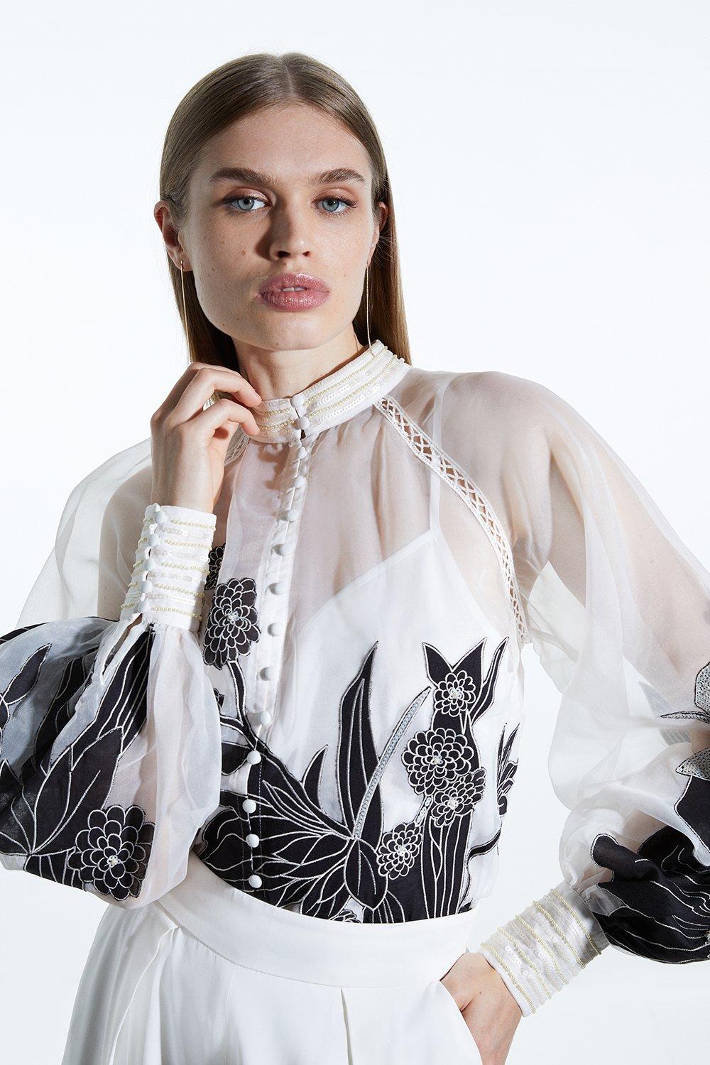 цена Тканая блузка на пуговицах с аппликацией из органди Karen Millen, мультиколор
