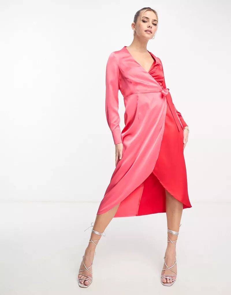 Красное и розовое платье средней длины с запахом Style Cheat в стиле колор-блок
