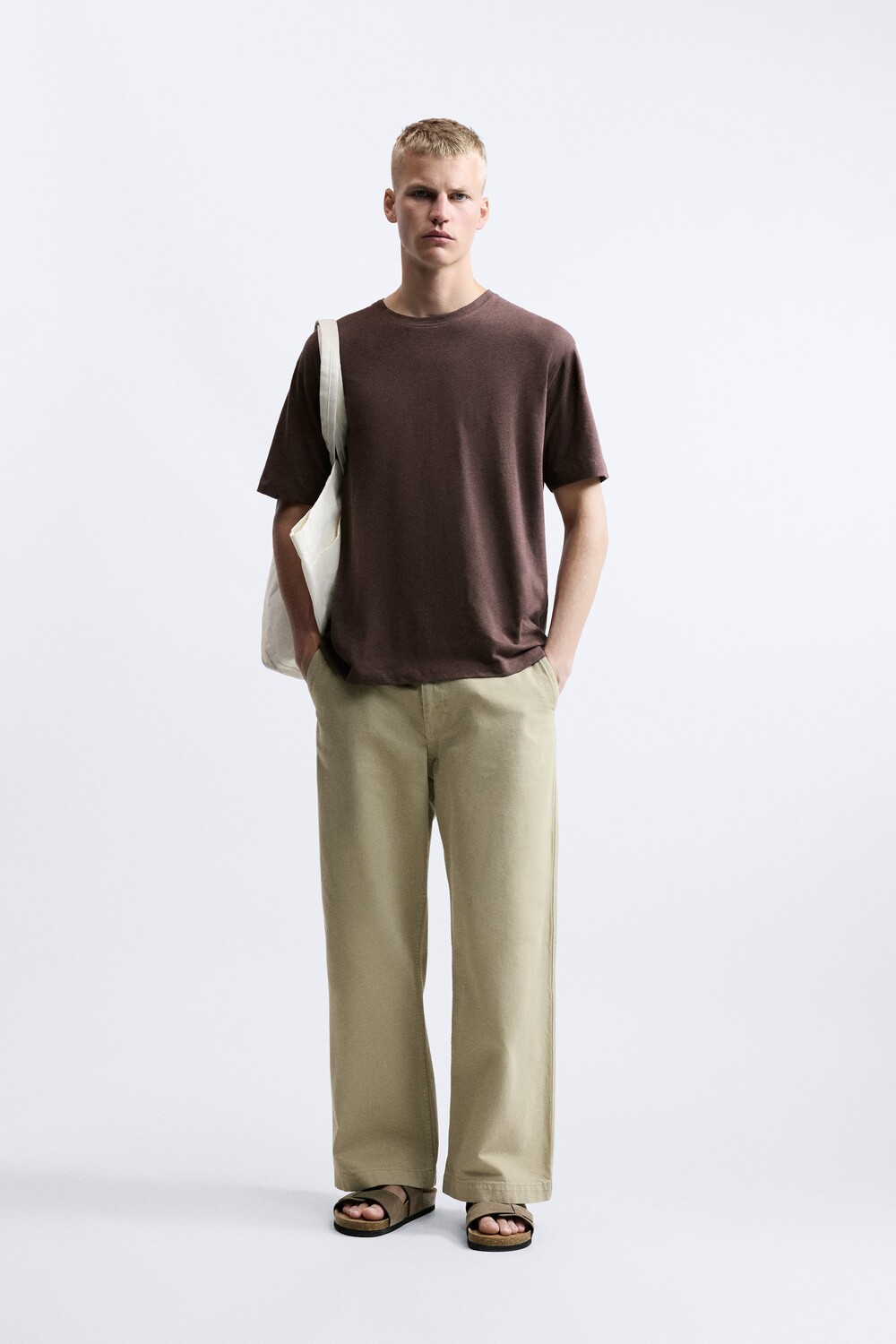 

Футболка из хлопка и льна Zara, браун, Коричневый
