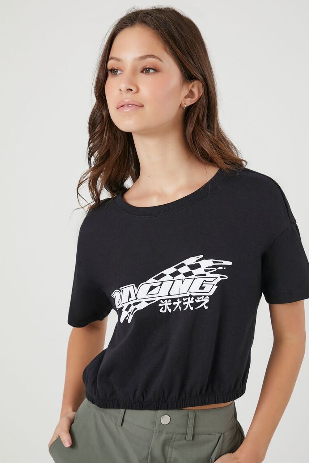 

Укороченная футболка с гоночным рисунком Forever 21, черный