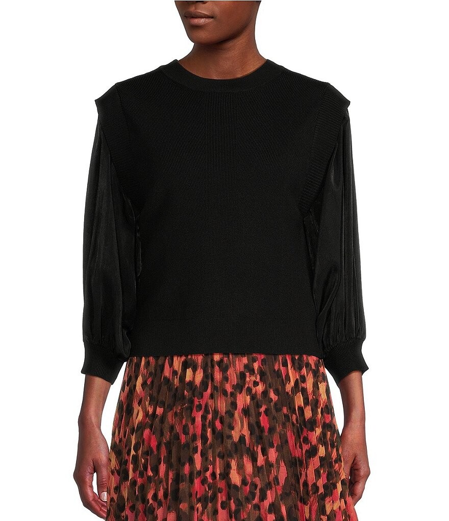 

DKNY Комбинированный трикотажный топ с рукавами 3/4 и круглым вырезом, черный