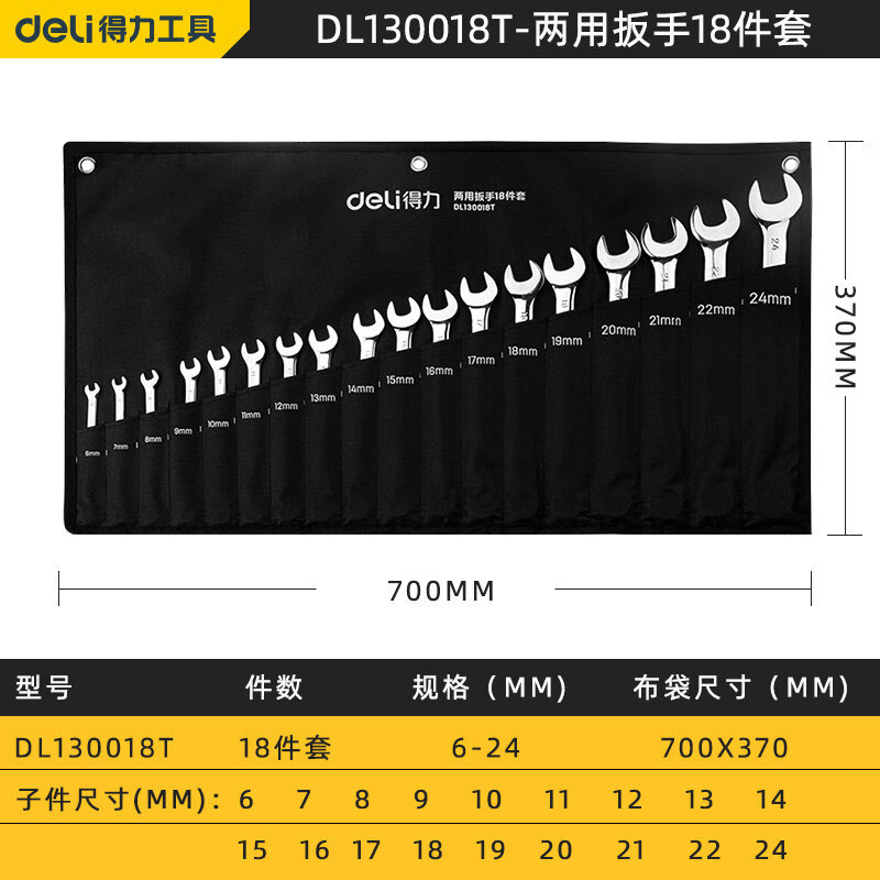 Набор рожковых ключей двойного назначения Deli, 18 предметов, 6–24 мм, DL130018T